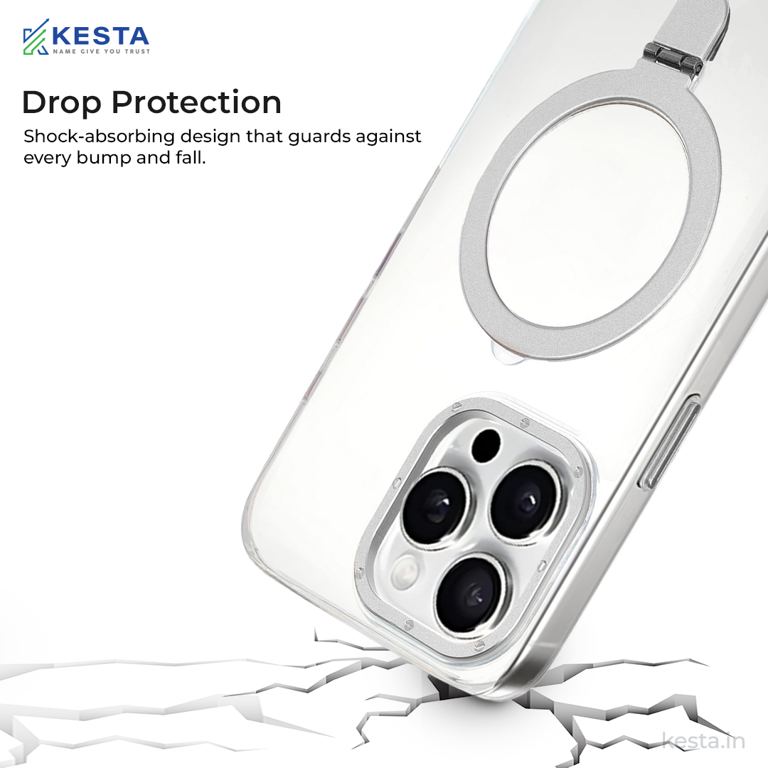 iPhone 16 Pro Max cover - Crystal Bracket Magnetic Silver Transparent Case (Built-in Bracket Stand Strong Magnetic Ring)