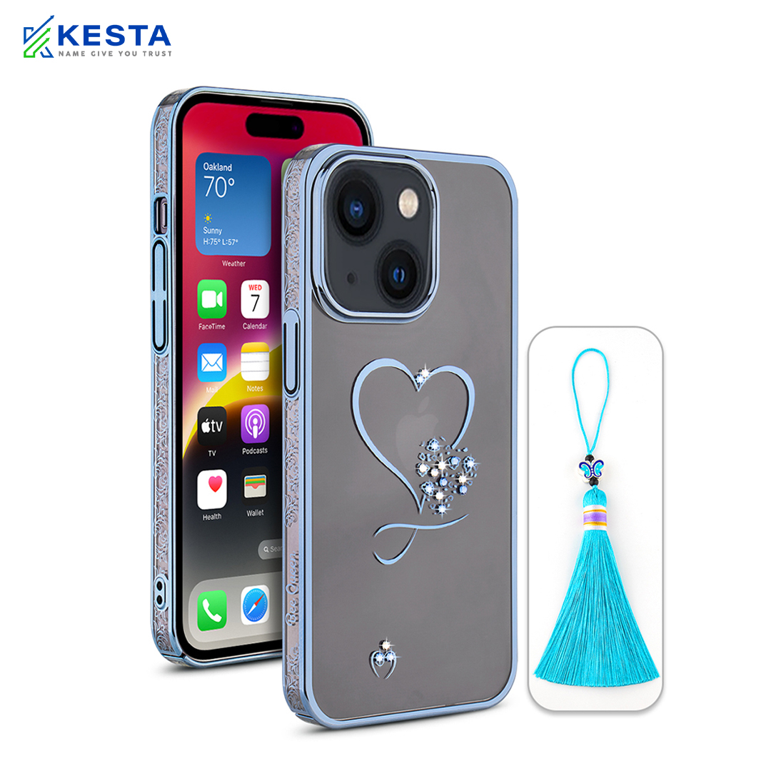 iPhone 15 Plus Cover - Bling Heart New Blue Transparent Case (Unique Frame Pattern)