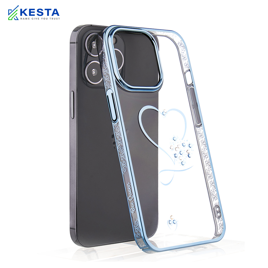iPhone 13 Pro Max Cover - Bling Heart Blue Transparent Case (Unique Frame Pattern)