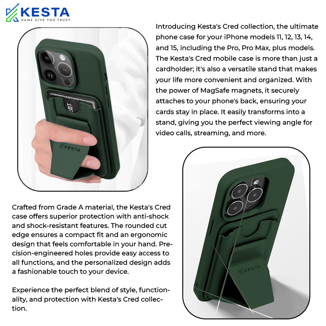iPhone 15 Plus Cover - Cred Green Leather Case (With Card Holder)