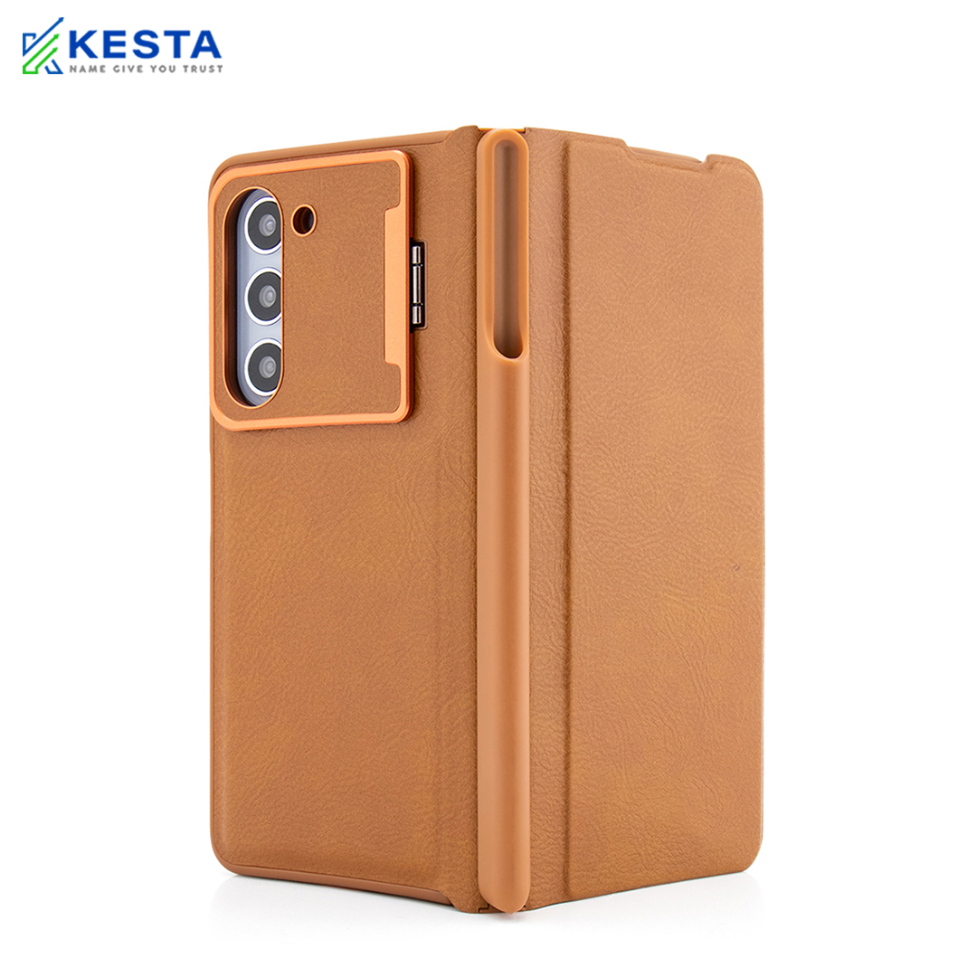 Samsung Z Fold 4 Cover - Elegant Flip Brown Leather Case (With S Pen Holder)