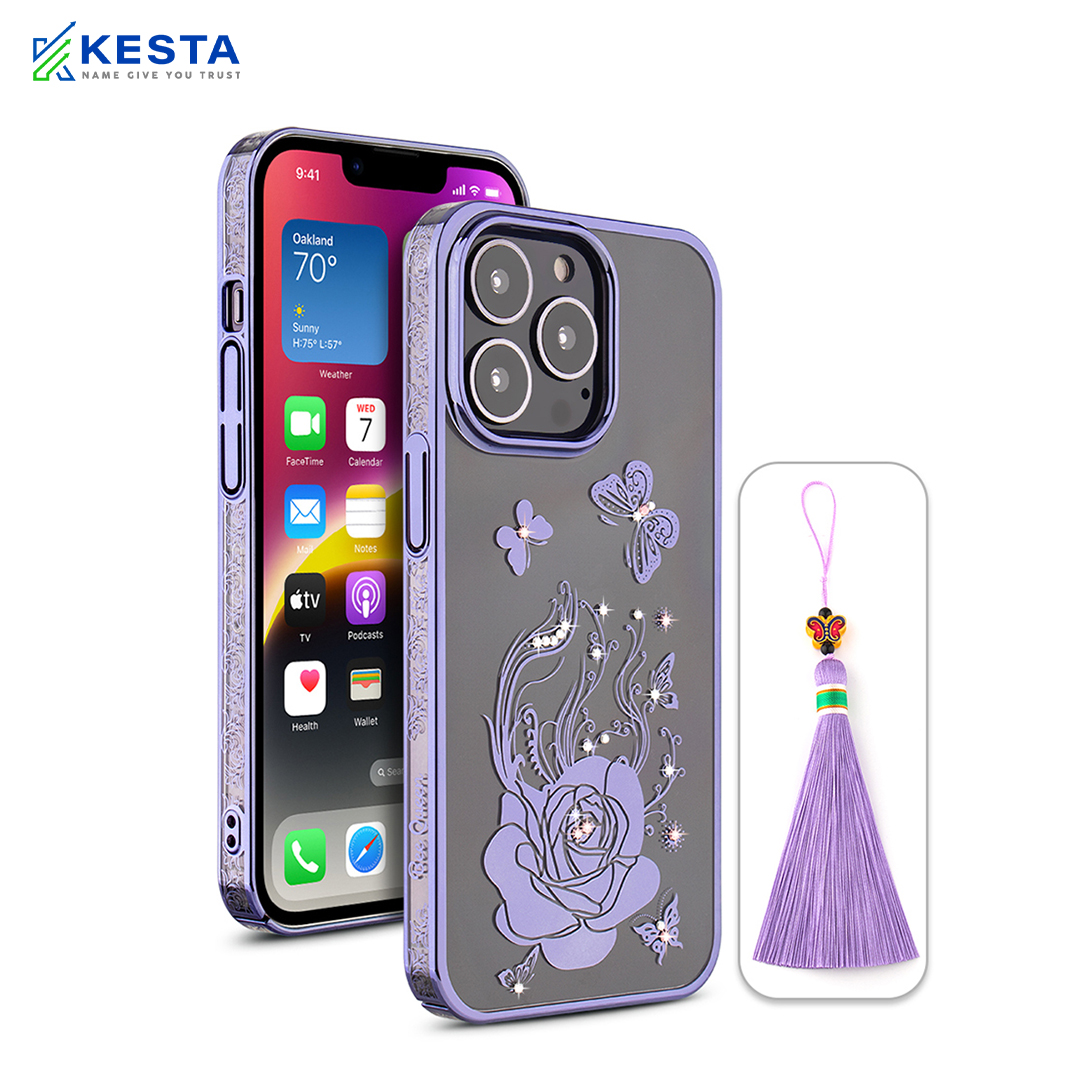iPhone 13 Pro Cover - Bling Flower Purple Transparent Case (Stylish And Fashion Forward)