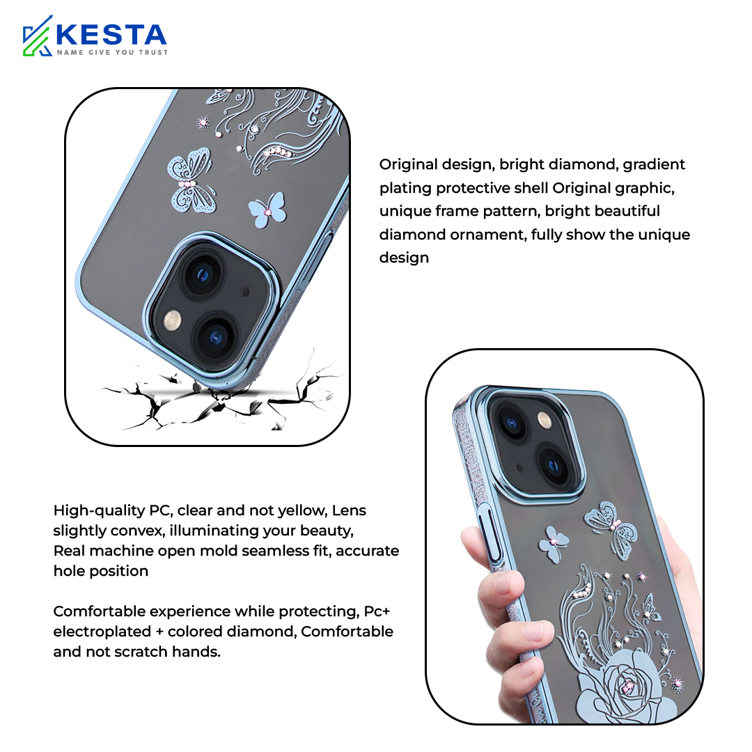iPhone 14 Plus Cover - Bling Flower Blue Transparent Case (Diamond Ornament)