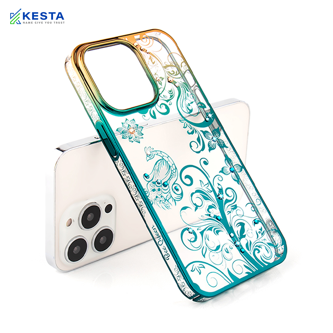 iPhone 13 Pro Cover - Peacock Glitter Green Transparent Diamond Case (Protective Gradient Plating)