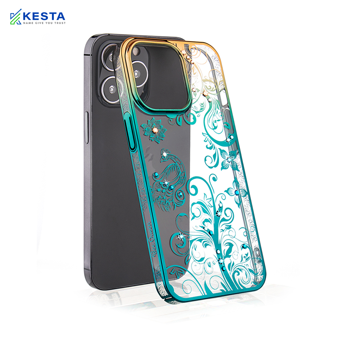 iPhone 13 Pro Cover - Peacock Glitter Green Transparent Diamond Case (Protective Gradient Plating)