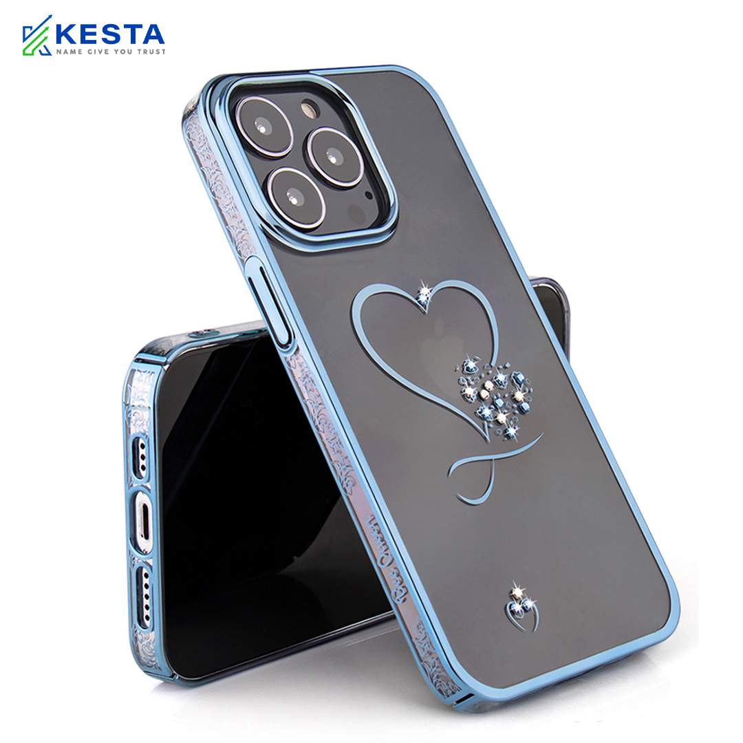 iPhone 13 Pro Max Cover - Bling Heart Blue Transparent Case (Unique Frame Pattern)