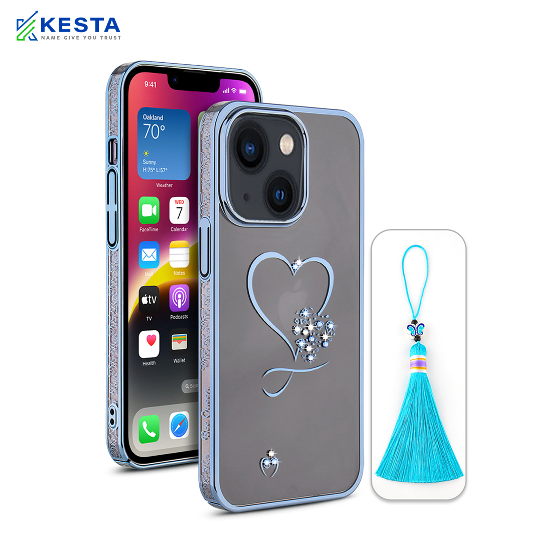 iPhone 14 Cover - Bling Heart Blue Transparent Case (Unique Frame Pattern)
